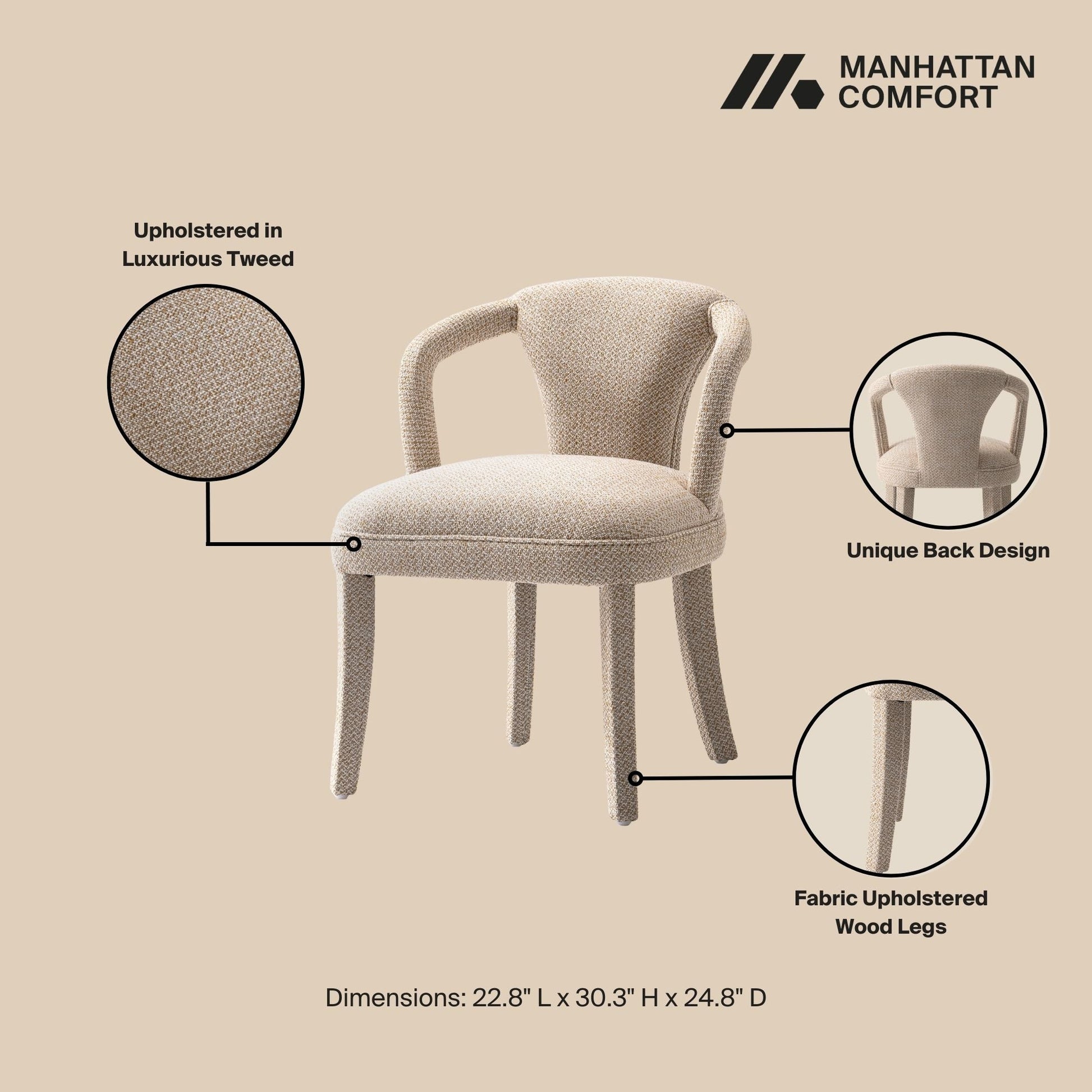 Manhattan Comfort Gold Modern Palmer Tweed Dining Armchair In A Set Of 2