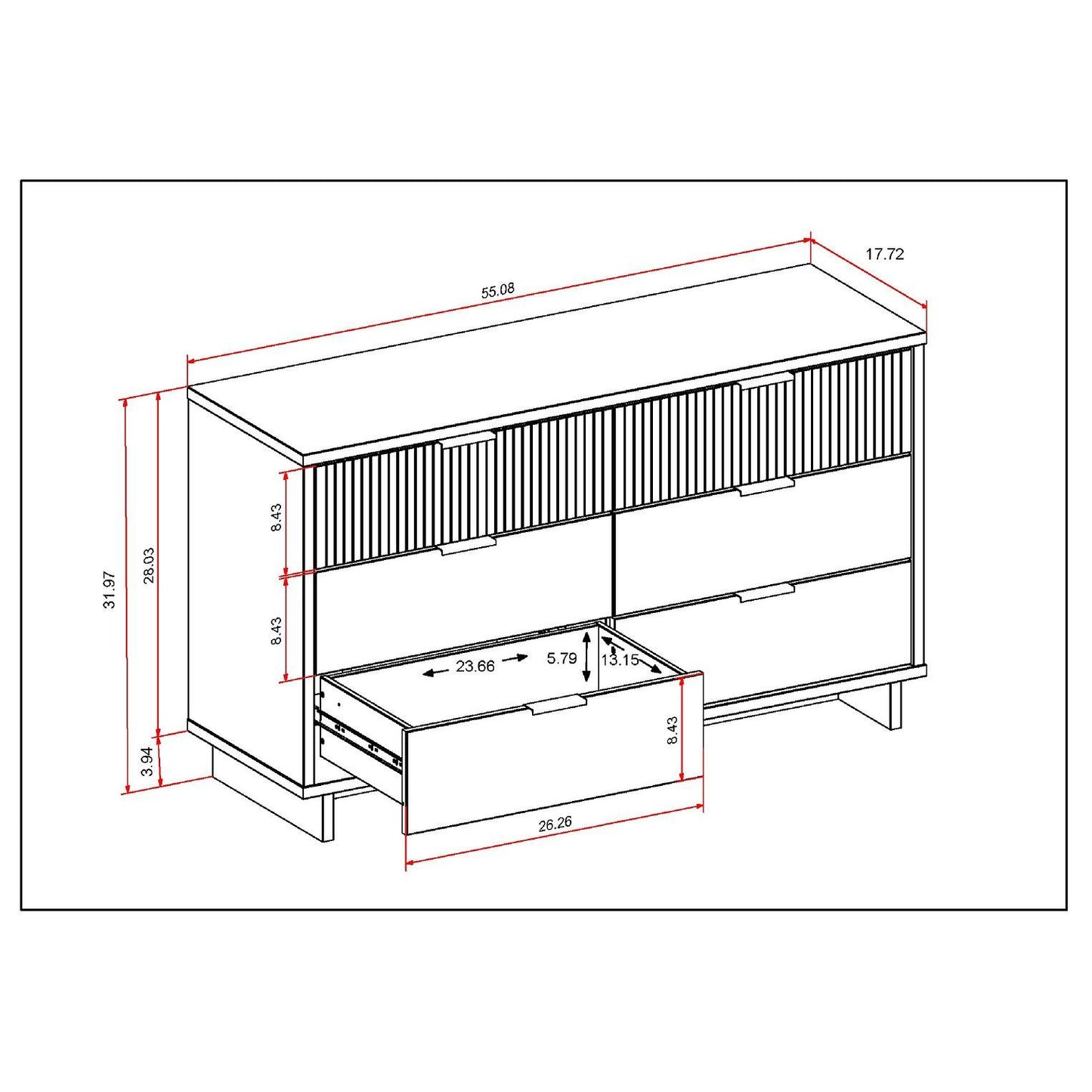 Manhattan Comfort Granville 55" Modern Double Wide Dresser With 6 Drawers In Light Gray