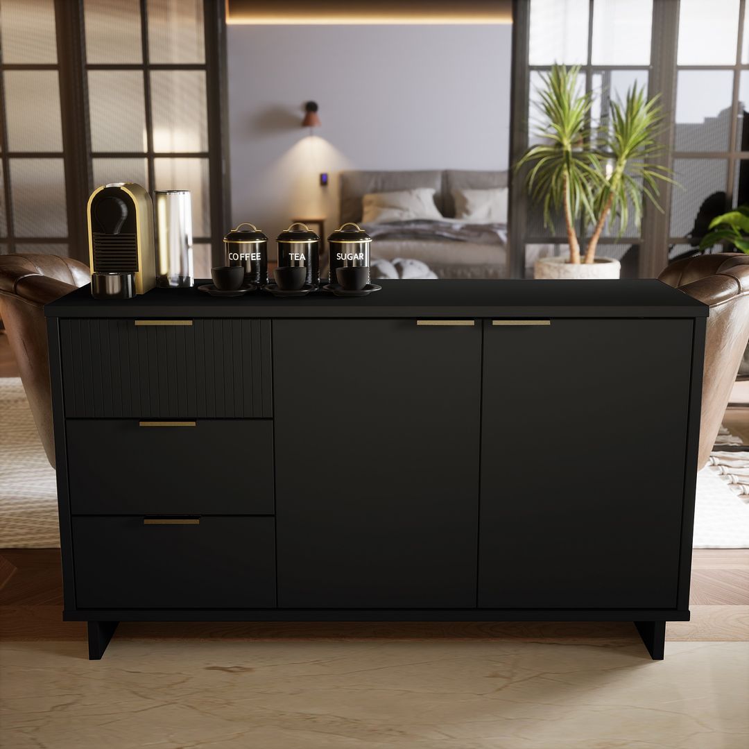 Manhattan Comfort Granville 55" Modern Sideboard With 3 Drawers In Black
