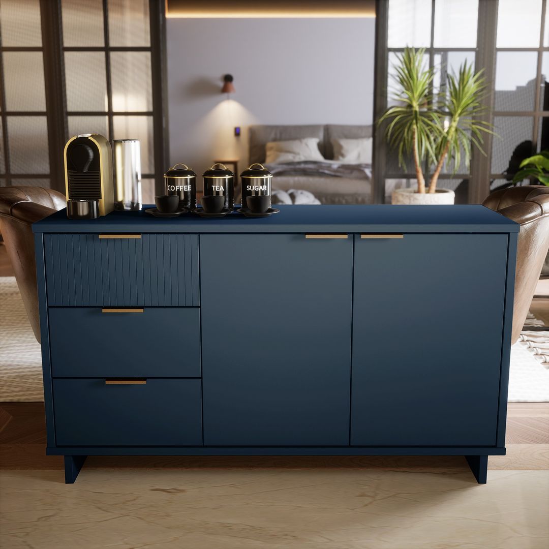 Manhattan Comfort Granville 55" Modern Sideboard With 3 Drawers In Midnight Blue