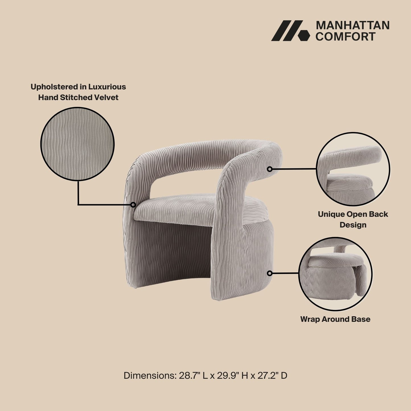 Manhattan Comfort Gray Modern Corvette Velvet Dining Chair In A Set Of 2