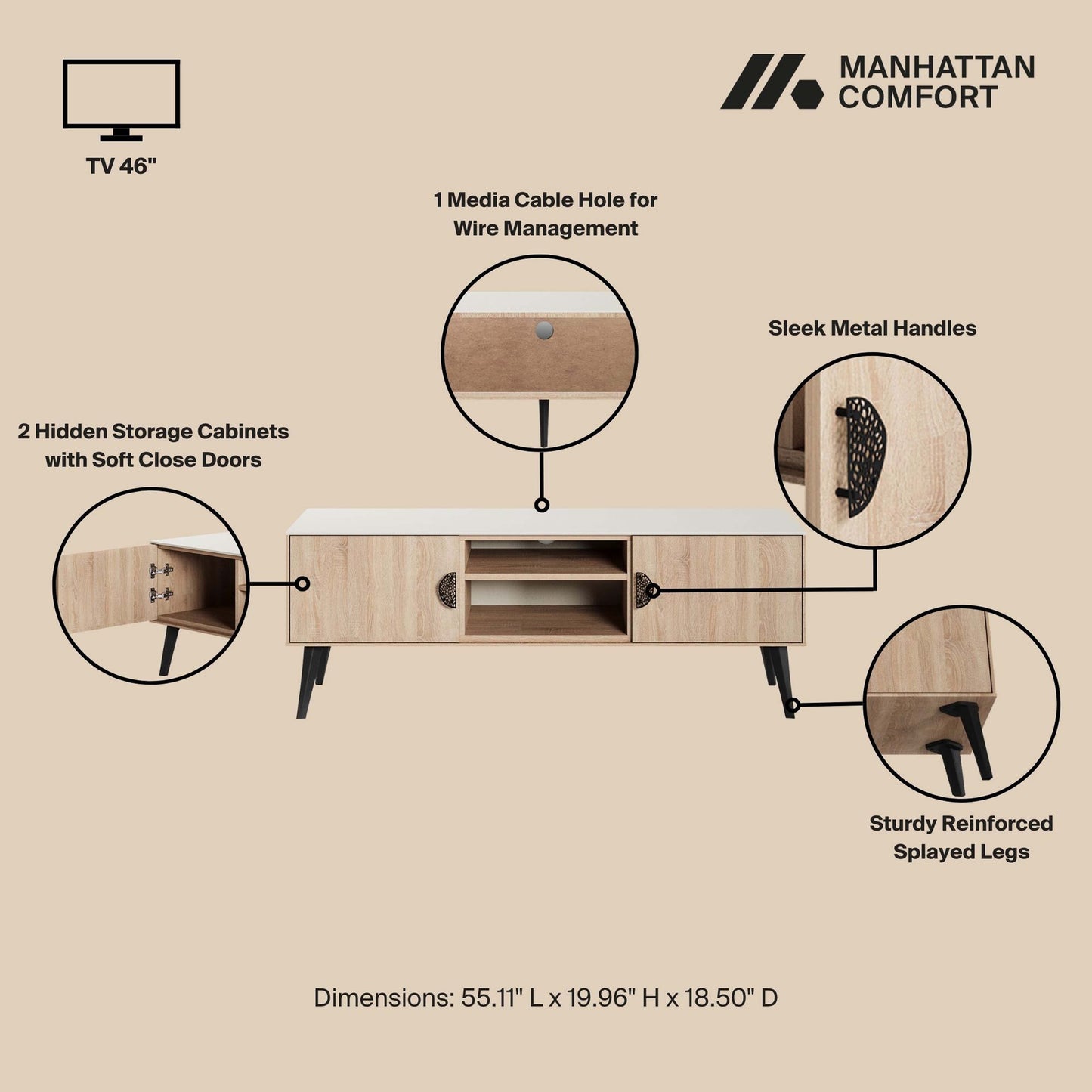 Manhattan Comfort Haley 56" Natural And Nude Mid-Century Modern TV Stand
