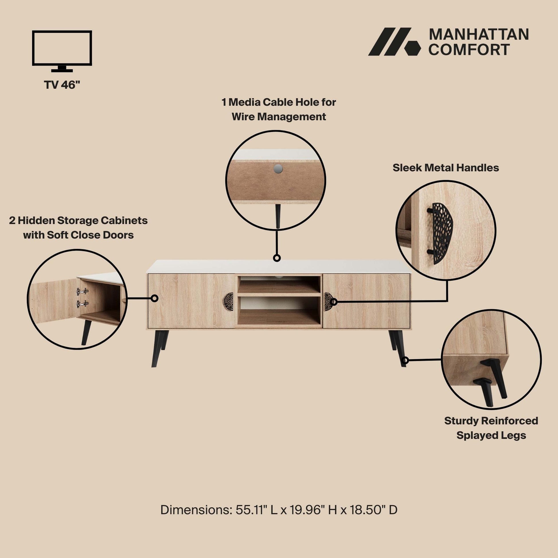 Manhattan Comfort Haley 56" Natural And Nude Mid-Century Modern TV Stand