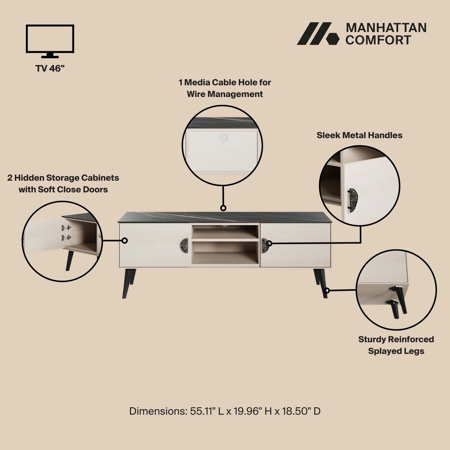Manhattan Comfort Haley 56" White And Black Marble Mid-Century Modern TV Stand