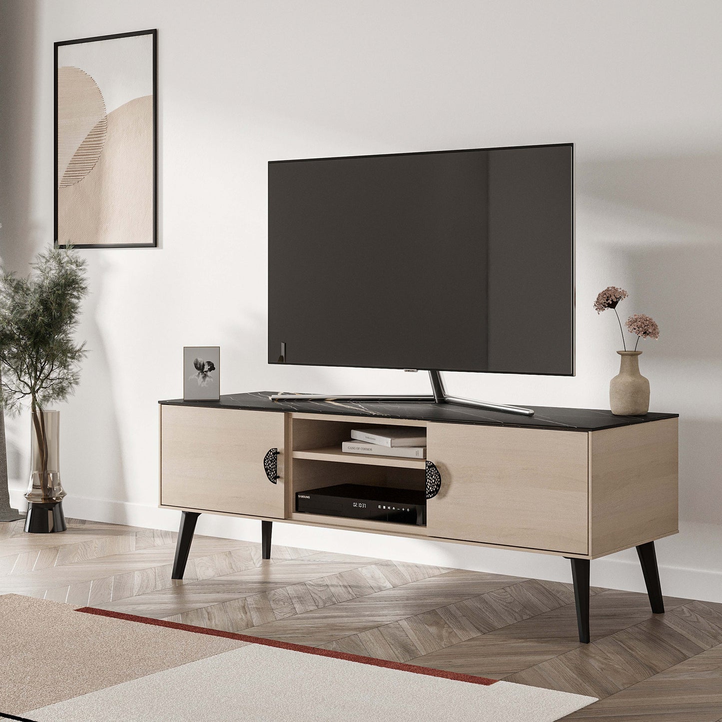Manhattan Comfort Haley 56" White And Black Marble Mid-Century Modern TV Stand