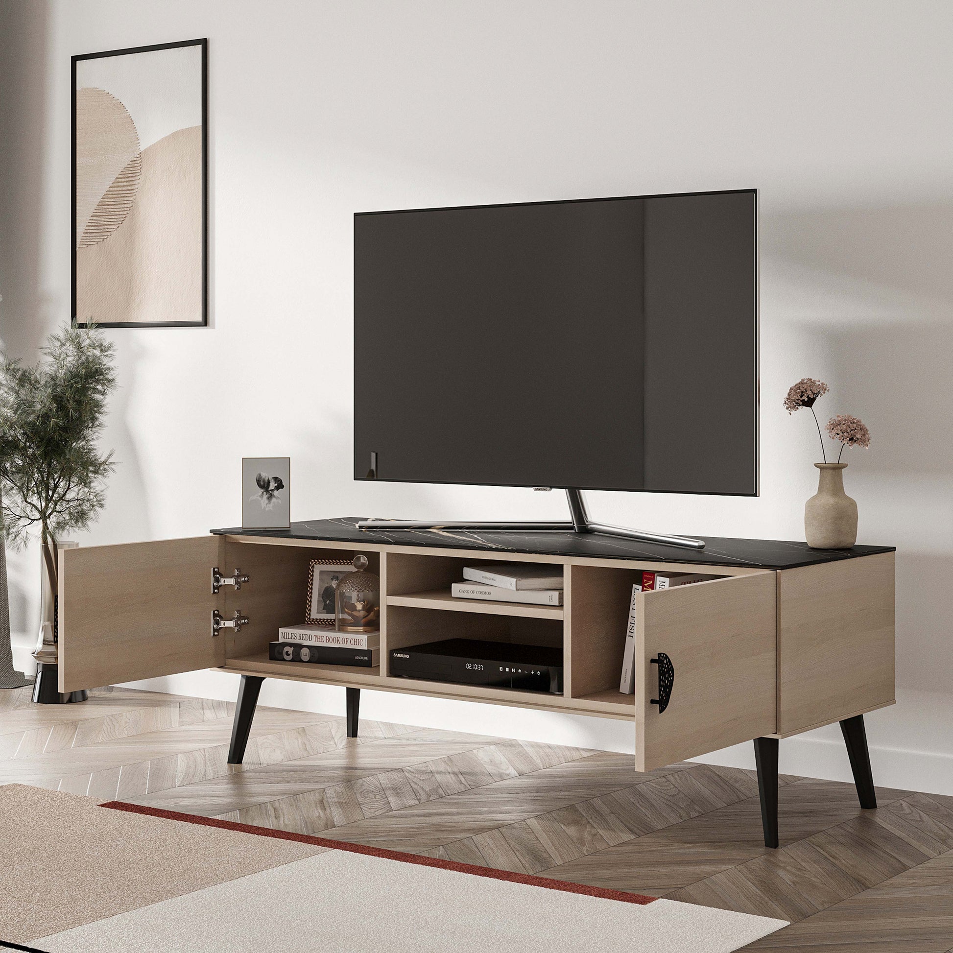 Manhattan Comfort Haley 56" White And Black Marble Mid-Century Modern TV Stand