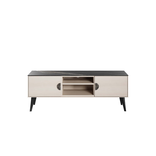 Manhattan Comfort Haley 56" White And Black Marble Mid-Century Modern TV Stand