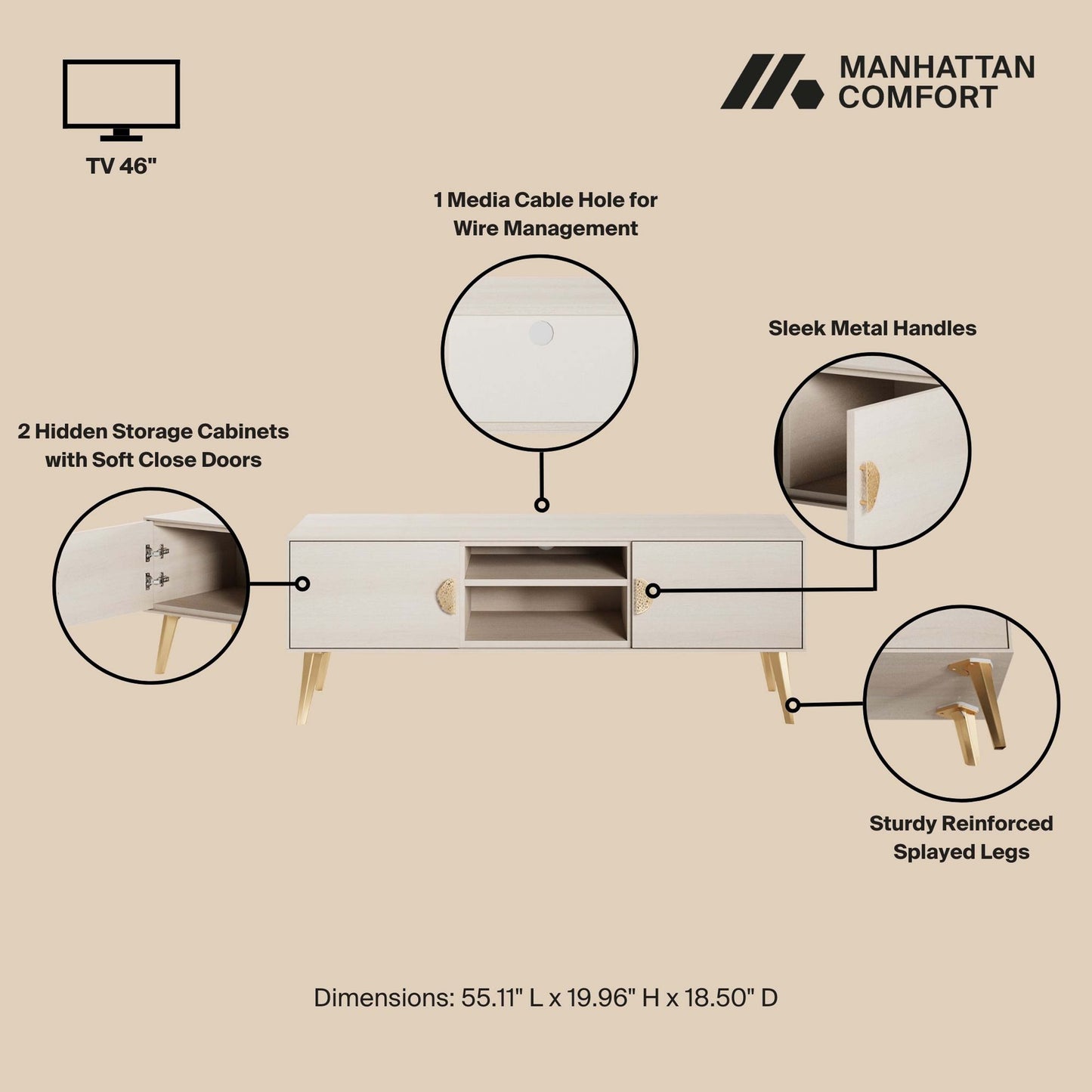 Manhattan Comfort Haley 56" White Mid-Century Modern TV Stand