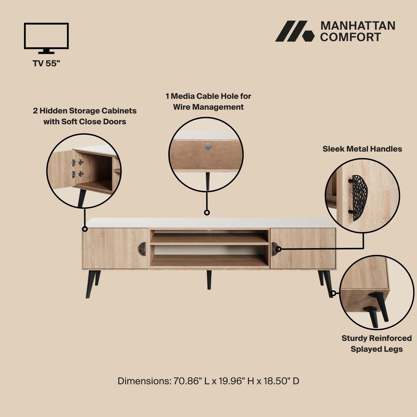 Manhattan Comfort Haley 71" Natural & Nude Mid-Century Modern TV Stand