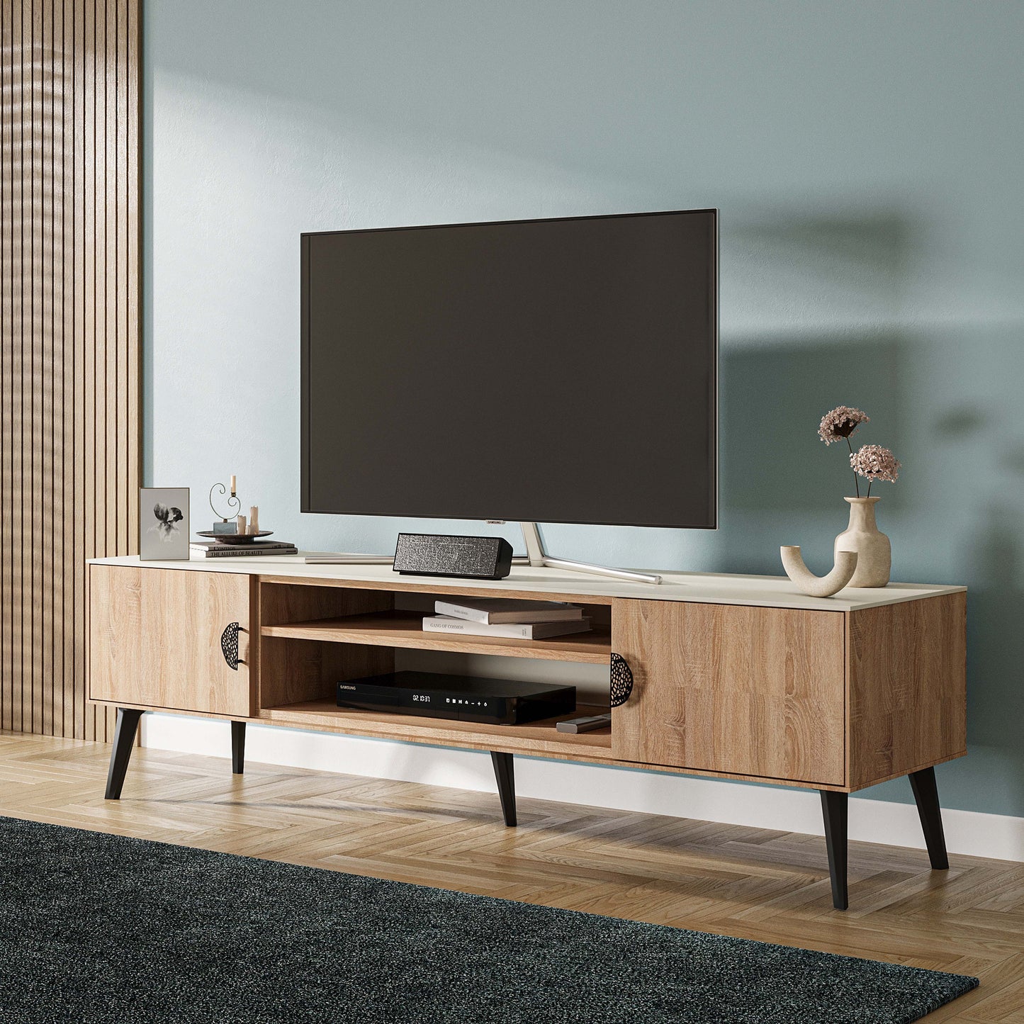 Manhattan Comfort Haley 71" Natural & Nude Mid-Century Modern TV Stand