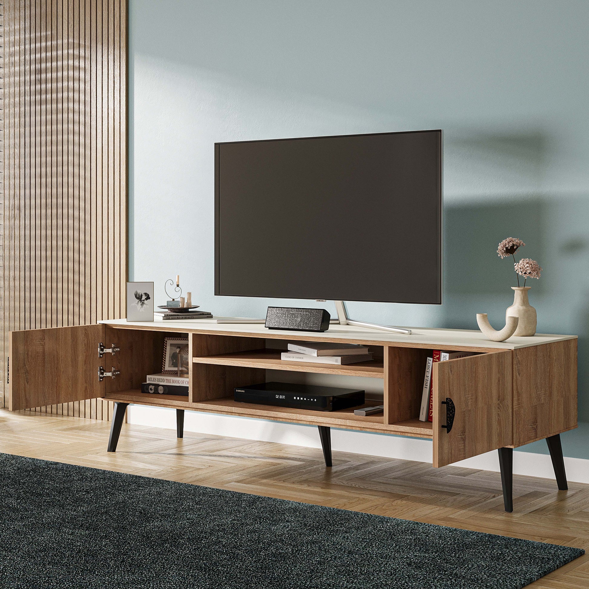 Manhattan Comfort Haley 71" Natural & Nude Mid-Century Modern TV Stand
