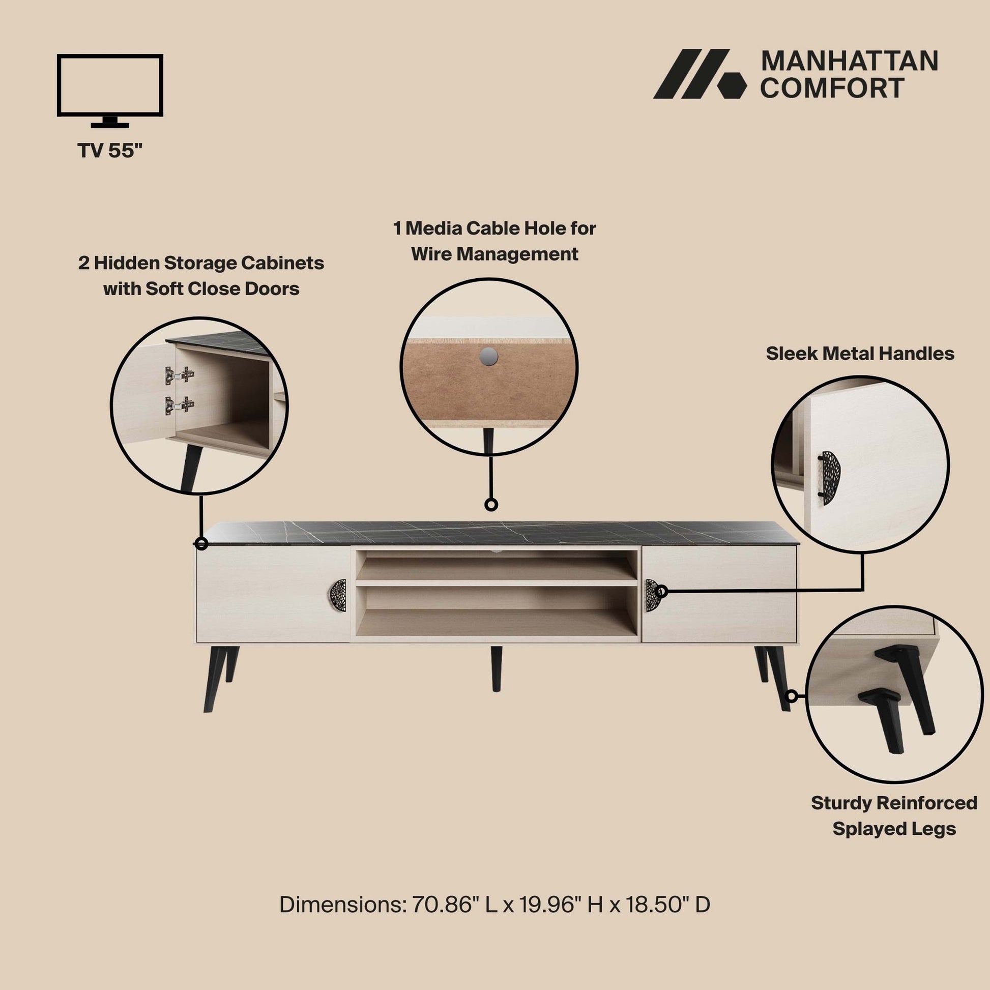 Manhattan Comfort Haley 71" White And Black Marble Mid-Century Modern TV Stand
