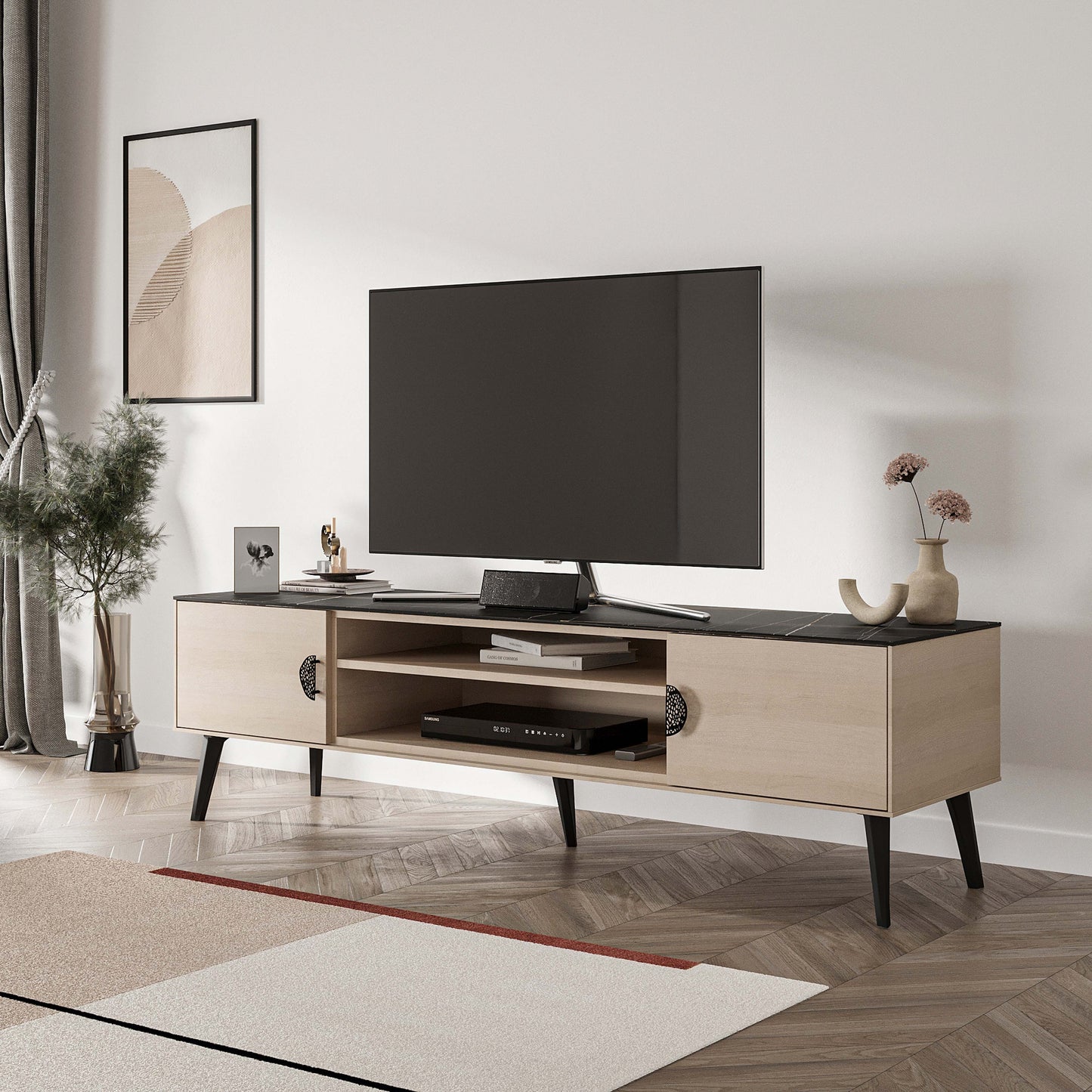 Manhattan Comfort Haley 71" White And Black Marble Mid-Century Modern TV Stand
