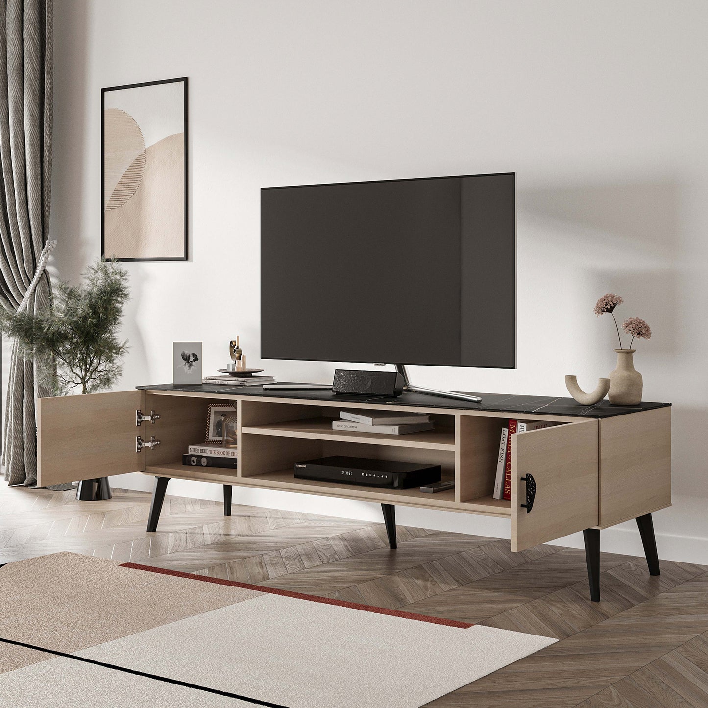 Manhattan Comfort Haley 71" White And Black Marble Mid-Century Modern TV Stand