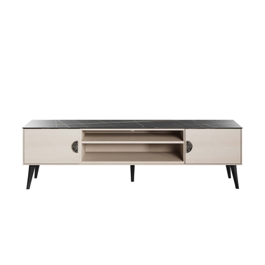 Manhattan Comfort Haley 71" White And Black Marble Mid-Century Modern TV Stand