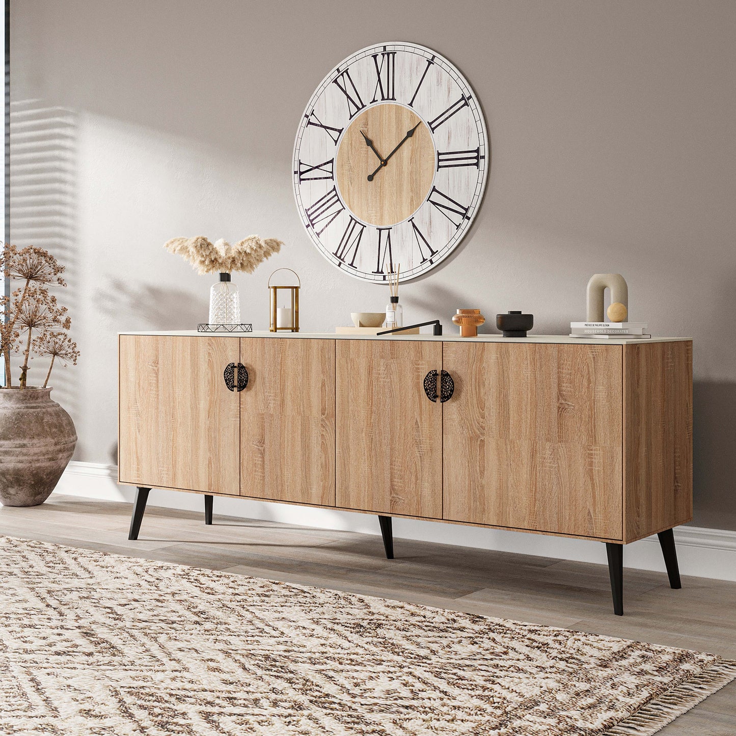 Manhattan Comfort Haley 79" Natural And Nude Mid-Century Modern Sideboard