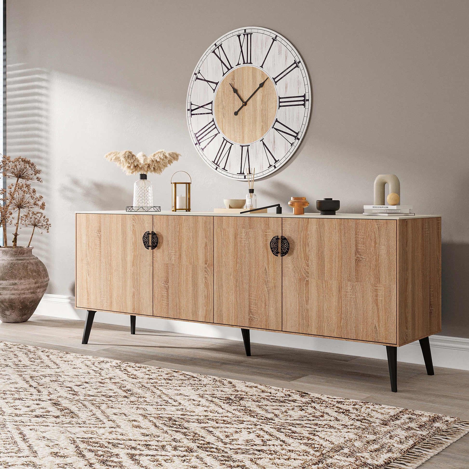 Manhattan Comfort Haley 79" Natural And Nude Mid-Century Modern Sideboard