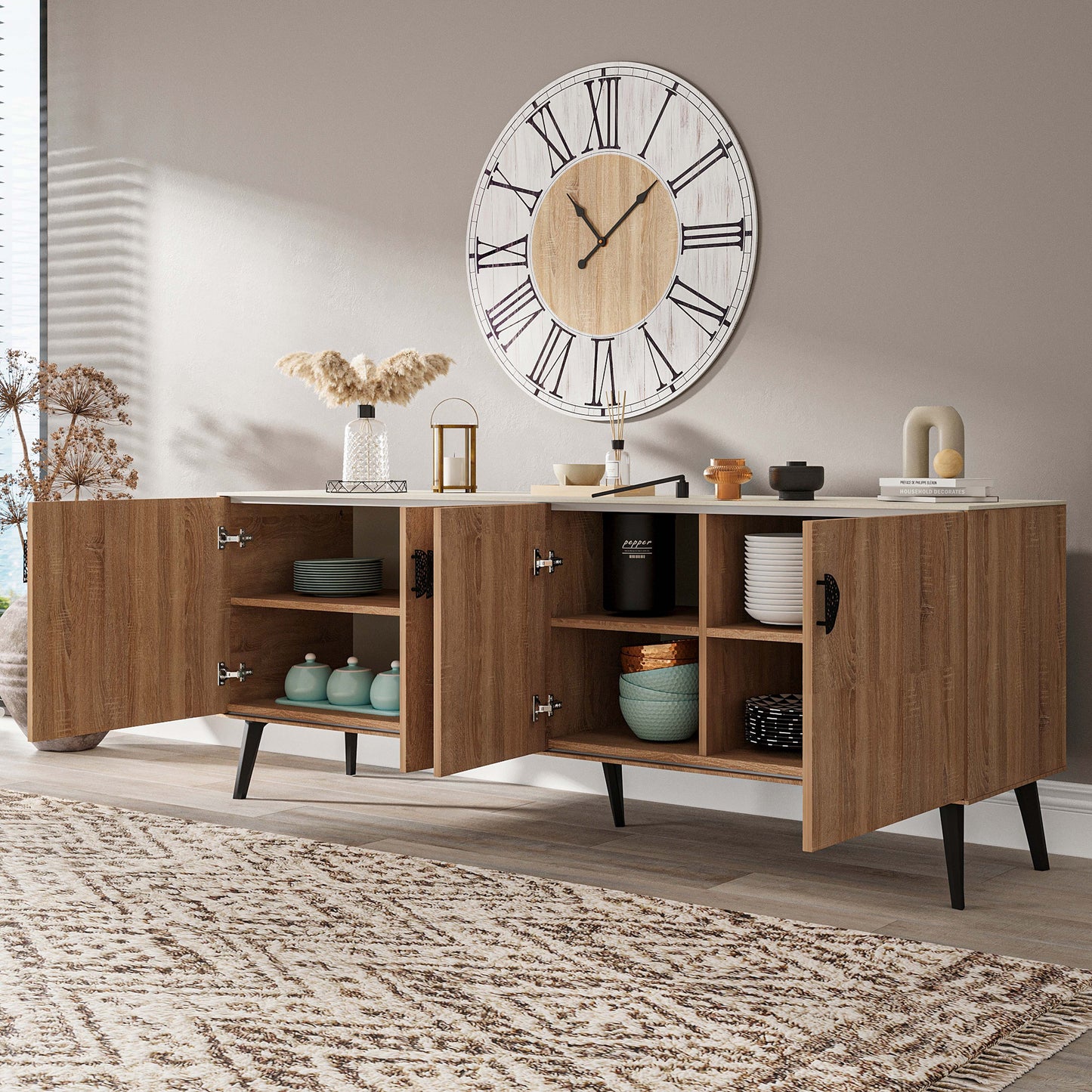 Manhattan Comfort Haley 79" Natural And Nude Mid-Century Modern Sideboard