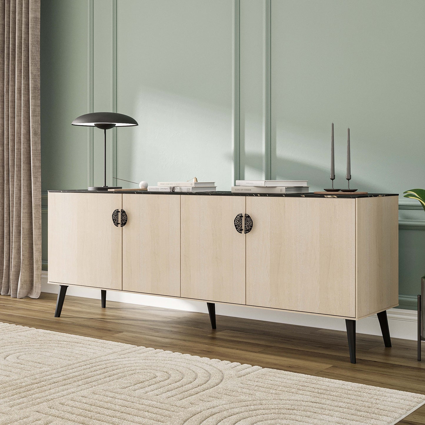 Manhattan Comfort Haley 79" White And Black Marble Mid-Century Modern Sideboard