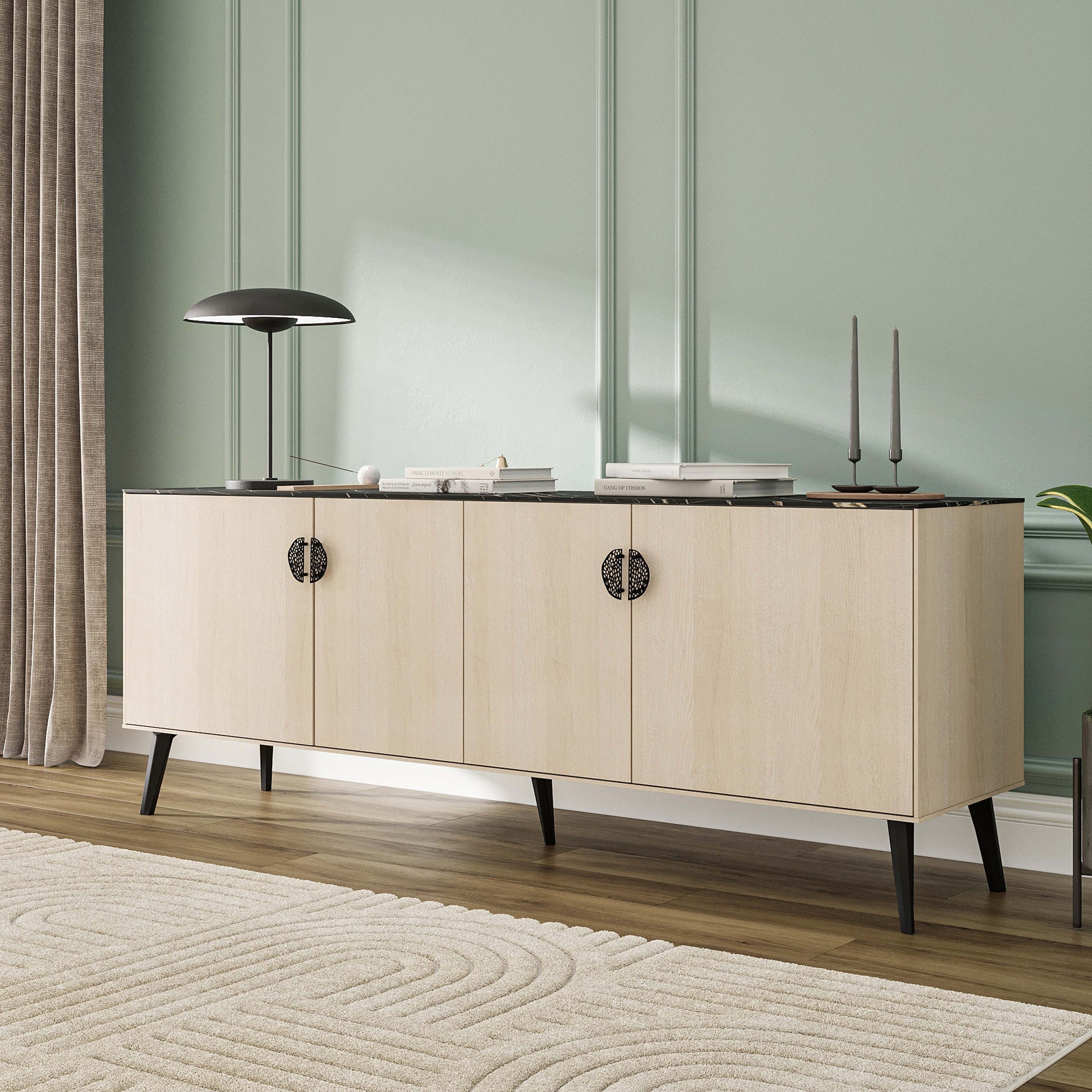 Manhattan Comfort Haley 79" White And Black Marble Mid-Century Modern Sideboard