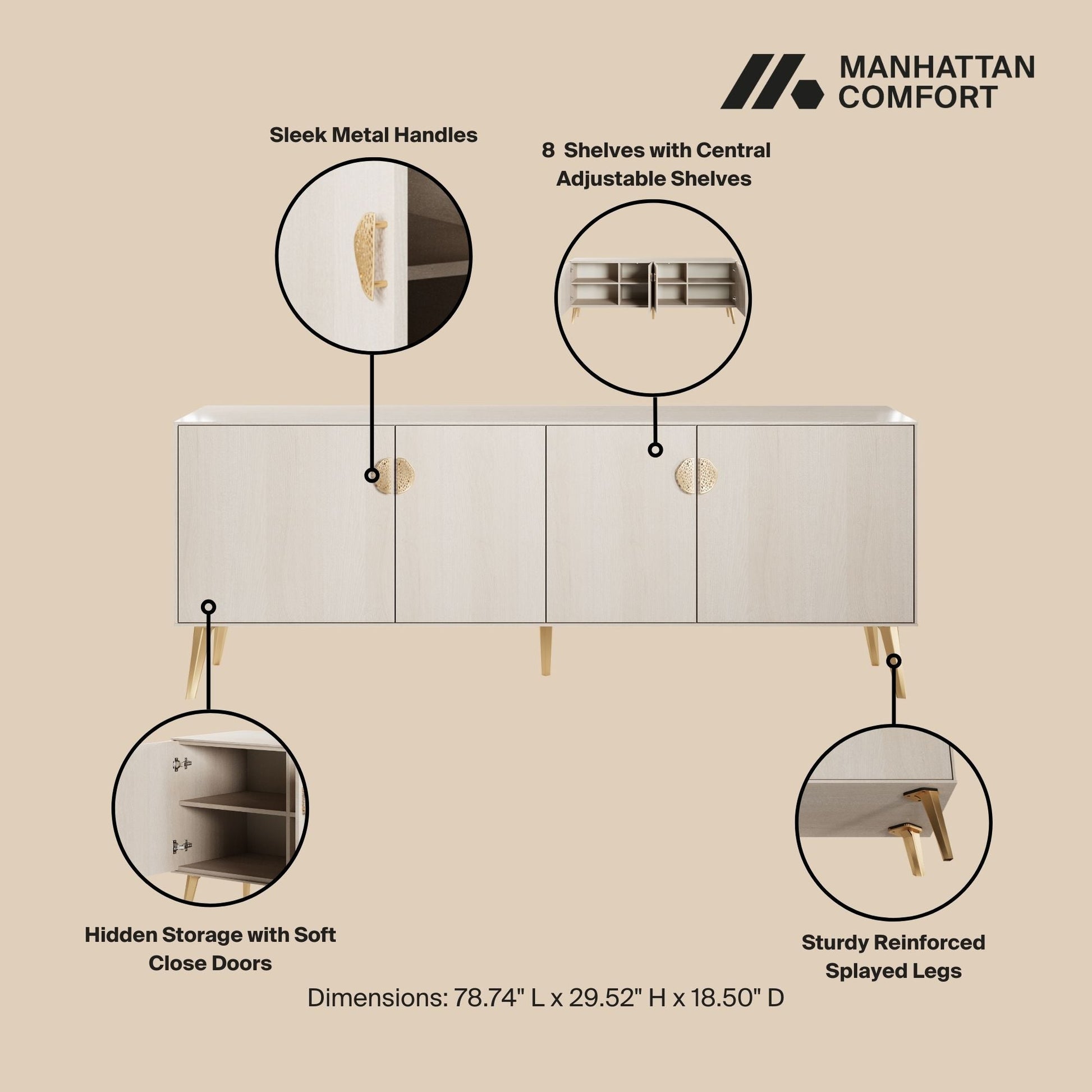 Manhattan Comfort Haley 79" White Mid-Century Modern Sideboard