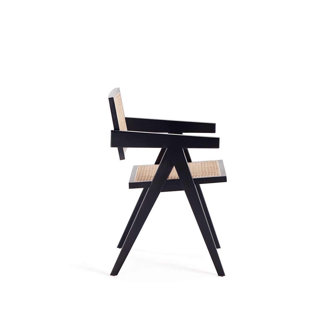 Manhattan Comfort Hamlet Black & Natural Cane Dining Arm Chair In A Set Of 2