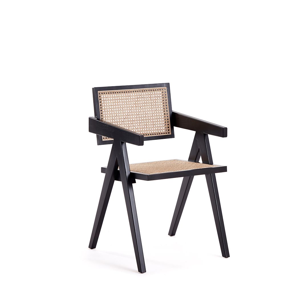 Manhattan Comfort Hamlet Black & Natural Cane Dining Arm Chair In A Set Of 2