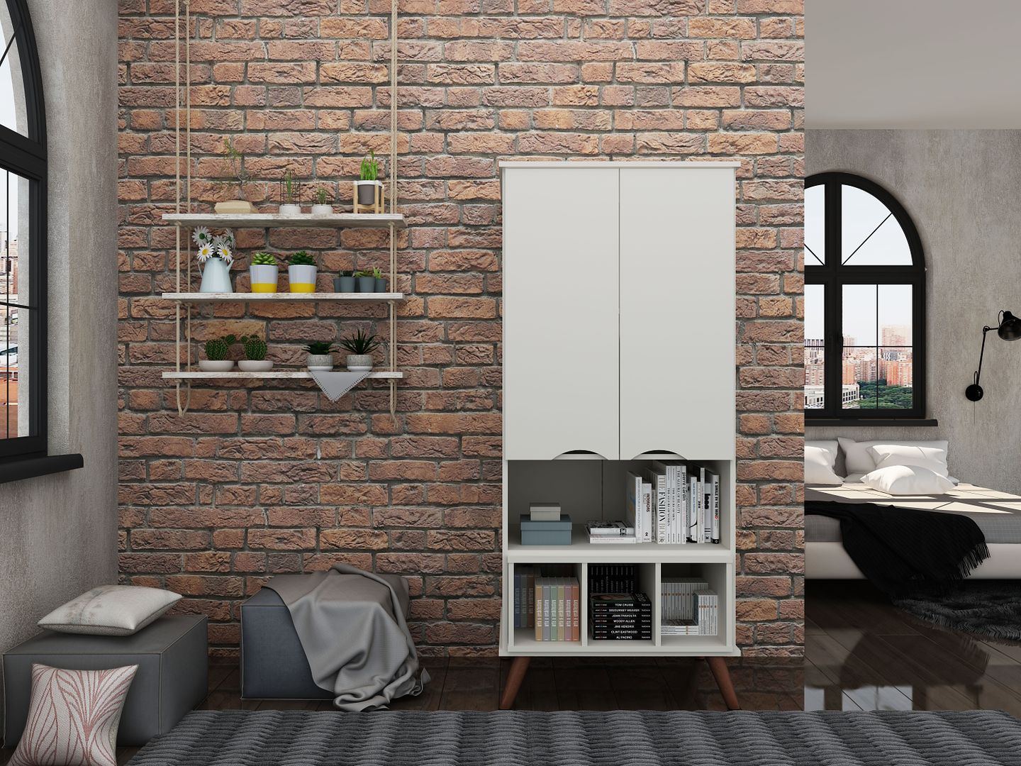 Manhattan Comfort Hampton 27" Off White Display Cabinet With 6-Shelves & Solid Wood Legs