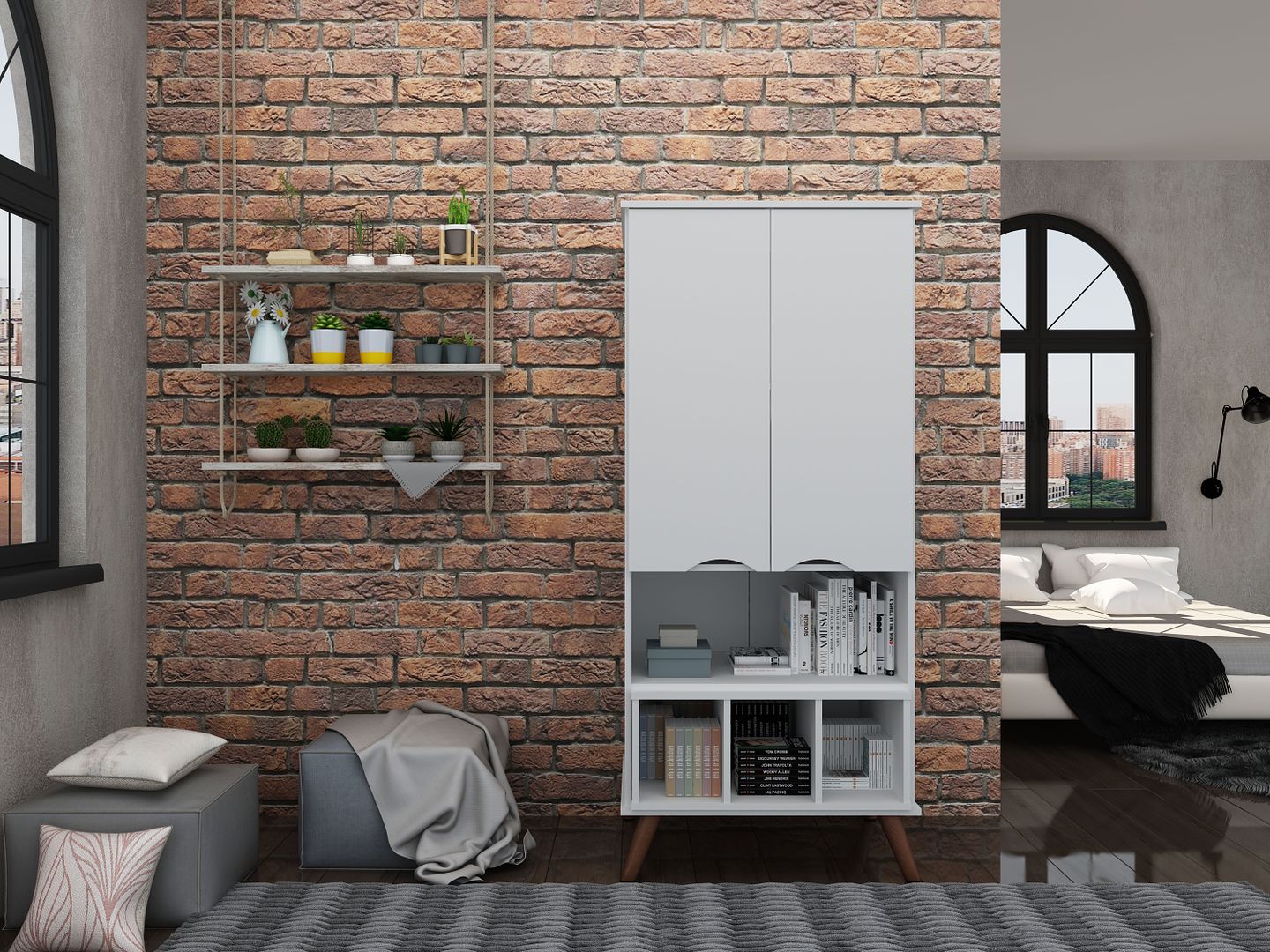 Manhattan Comfort Hampton 27" White Display Cabinet With 6-Shelves & Solid Wood Legs