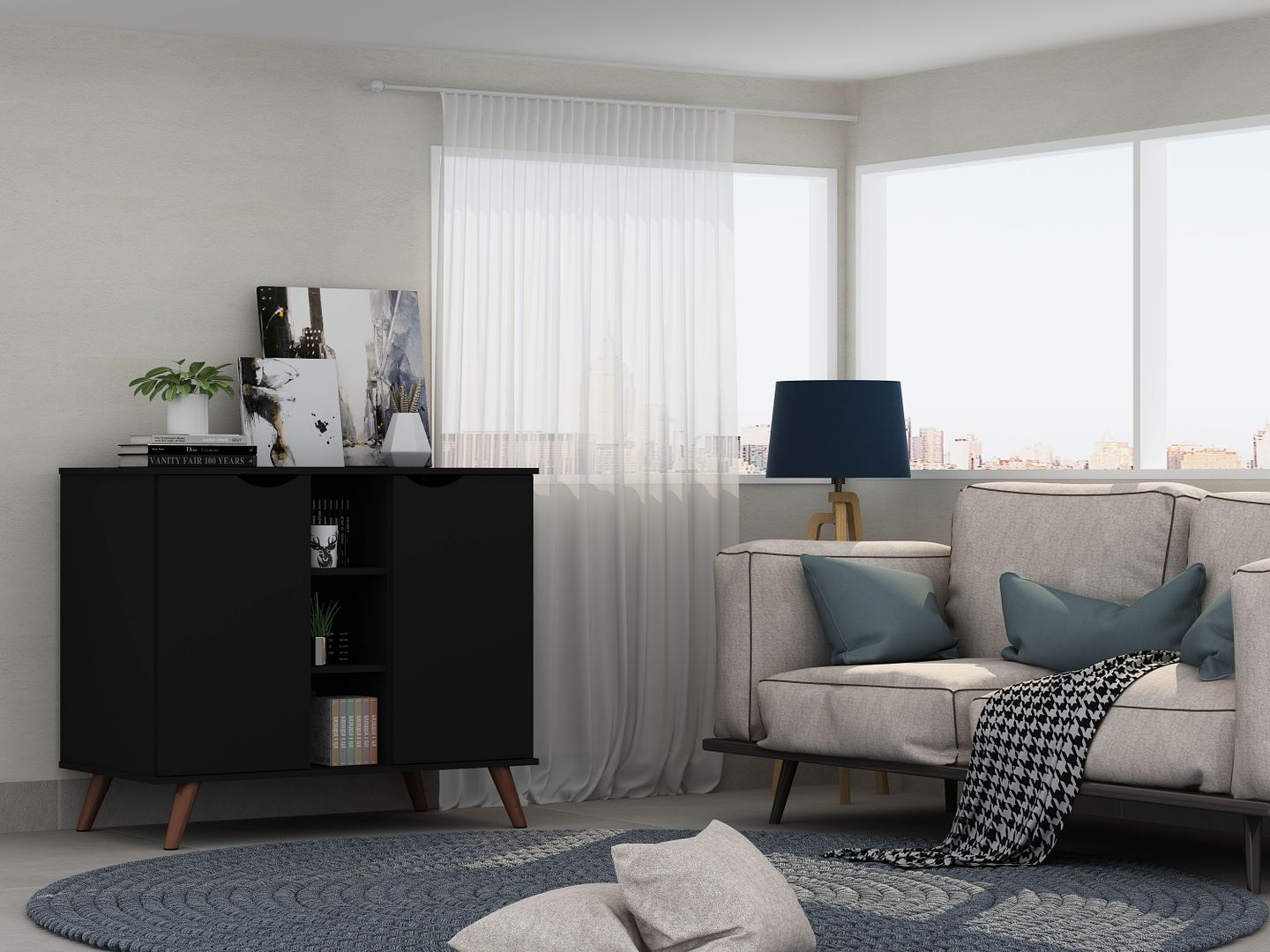 Manhattan Comfort Hampton 39" Black Buffet Stand Cabinet With 7 Shelves & Solid Wood Legs