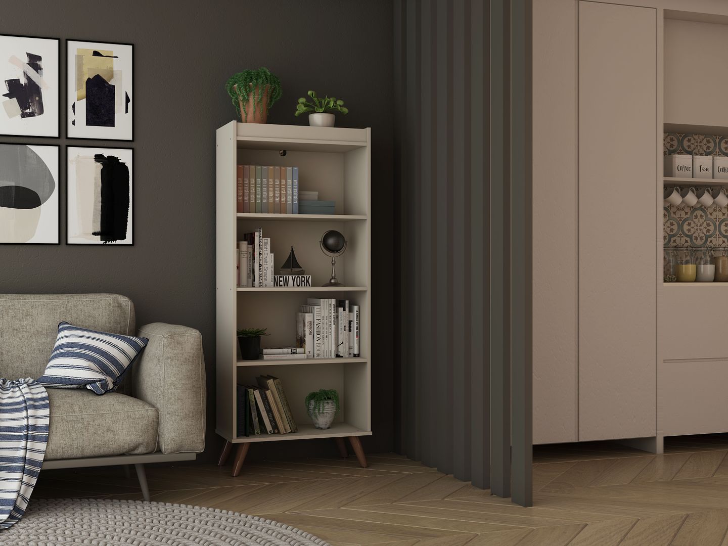Manhattan Comfort Hampton 4-Tier Off White Bookcase Shelving Unit With Solid Wooden Legs