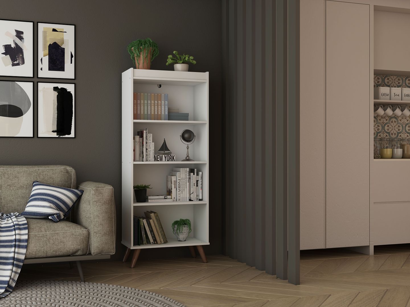 Manhattan Comfort Hampton 4-Tier White Bookcase Shelving Unit With Solid Wooden Legs