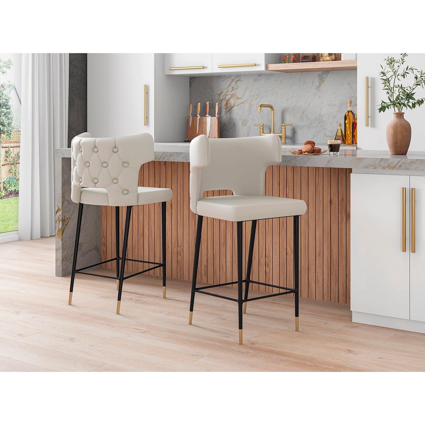 Manhattan Comfort Holguin 41"H Cream, Black & Gold Wooden Barstool