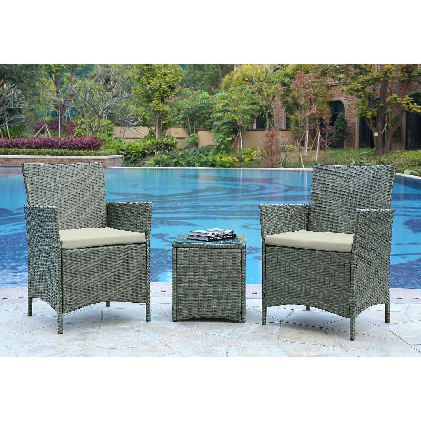 Manhattan Comfort Imperia Steel Rattan 3-Piece Patio Conversation Set With Cushions In Cream