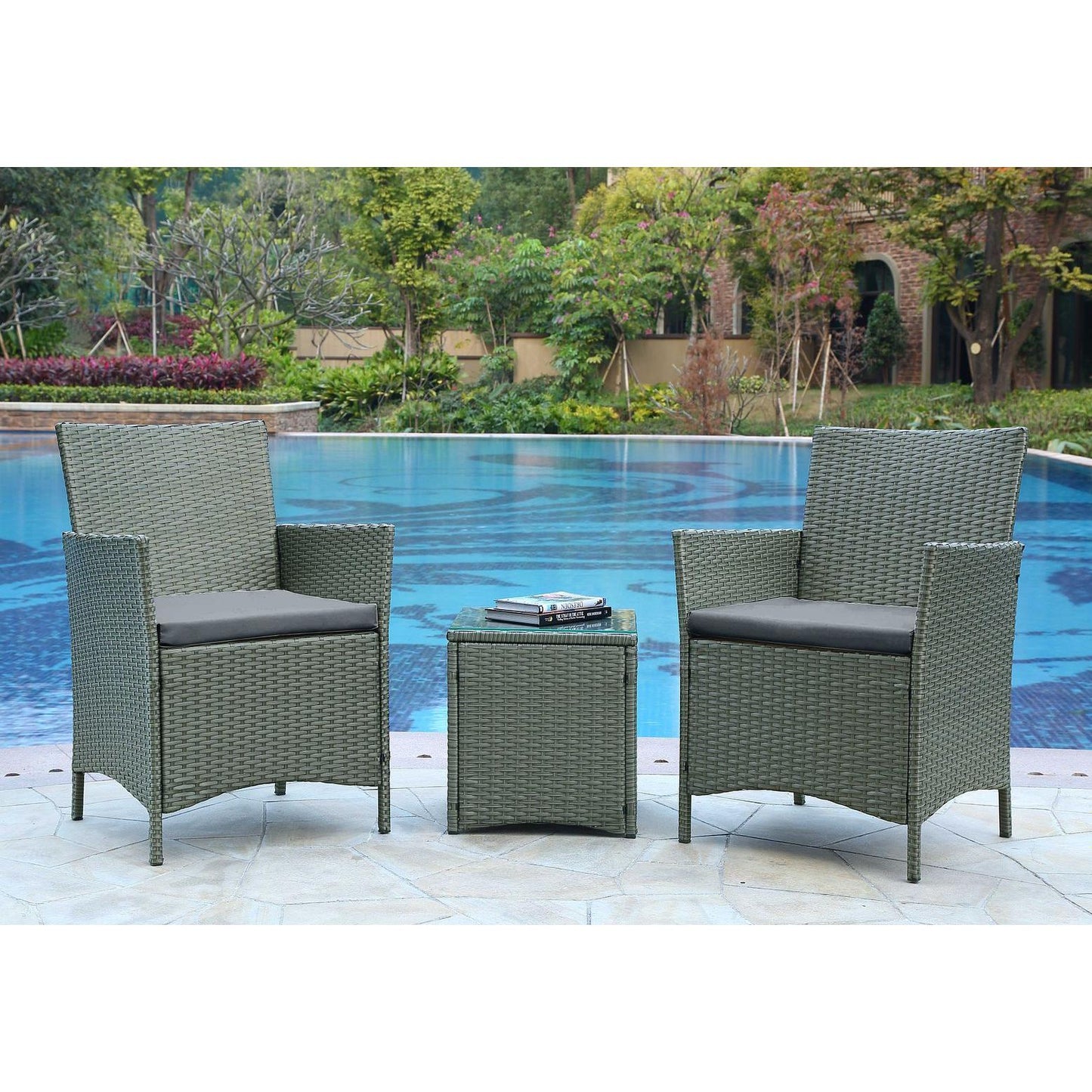 Manhattan Comfort Imperia Steel Rattan 3-Piece Patio Conversation Set With Cushions In Gray