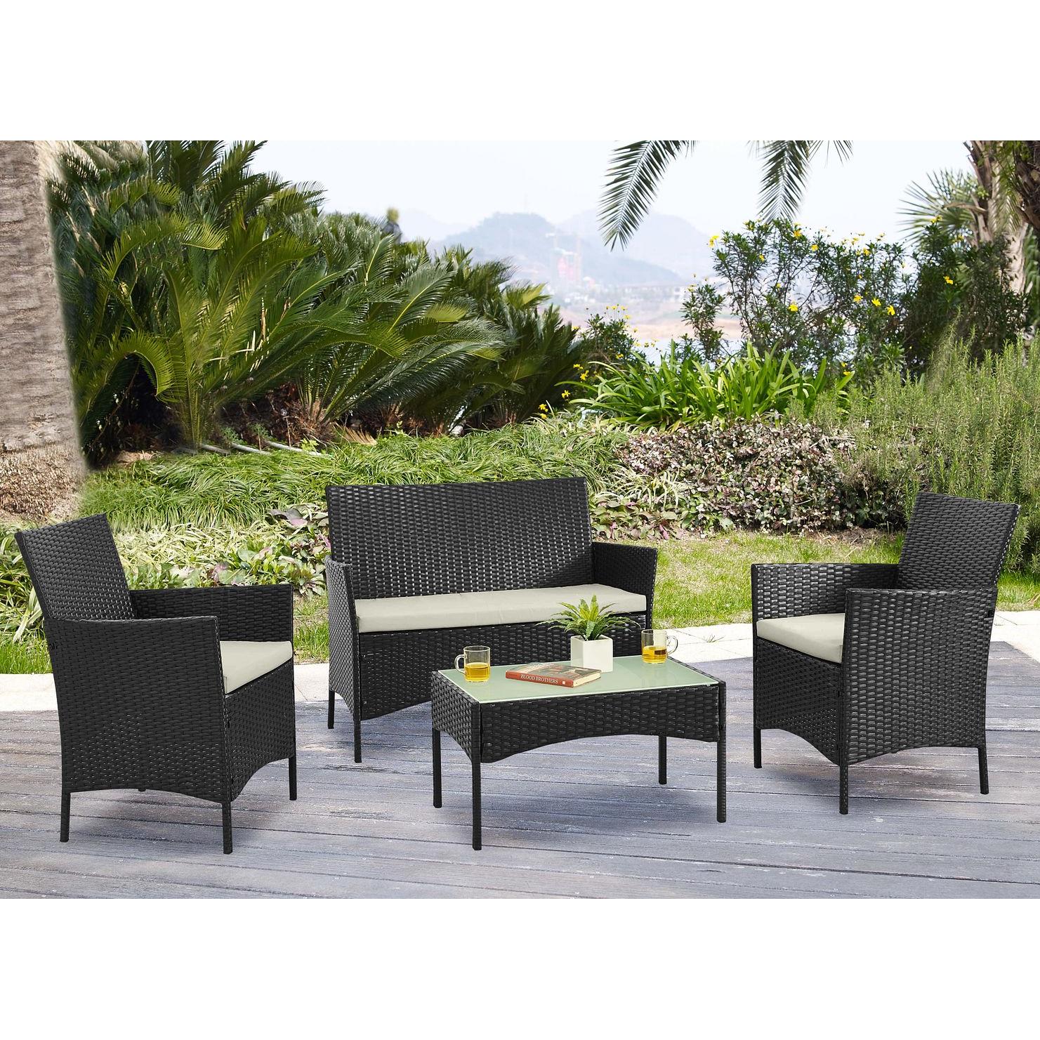 Manhattan Comfort Imperia Steel Rattan 4-Piece Patio Conversation Set With Cushions In Cream