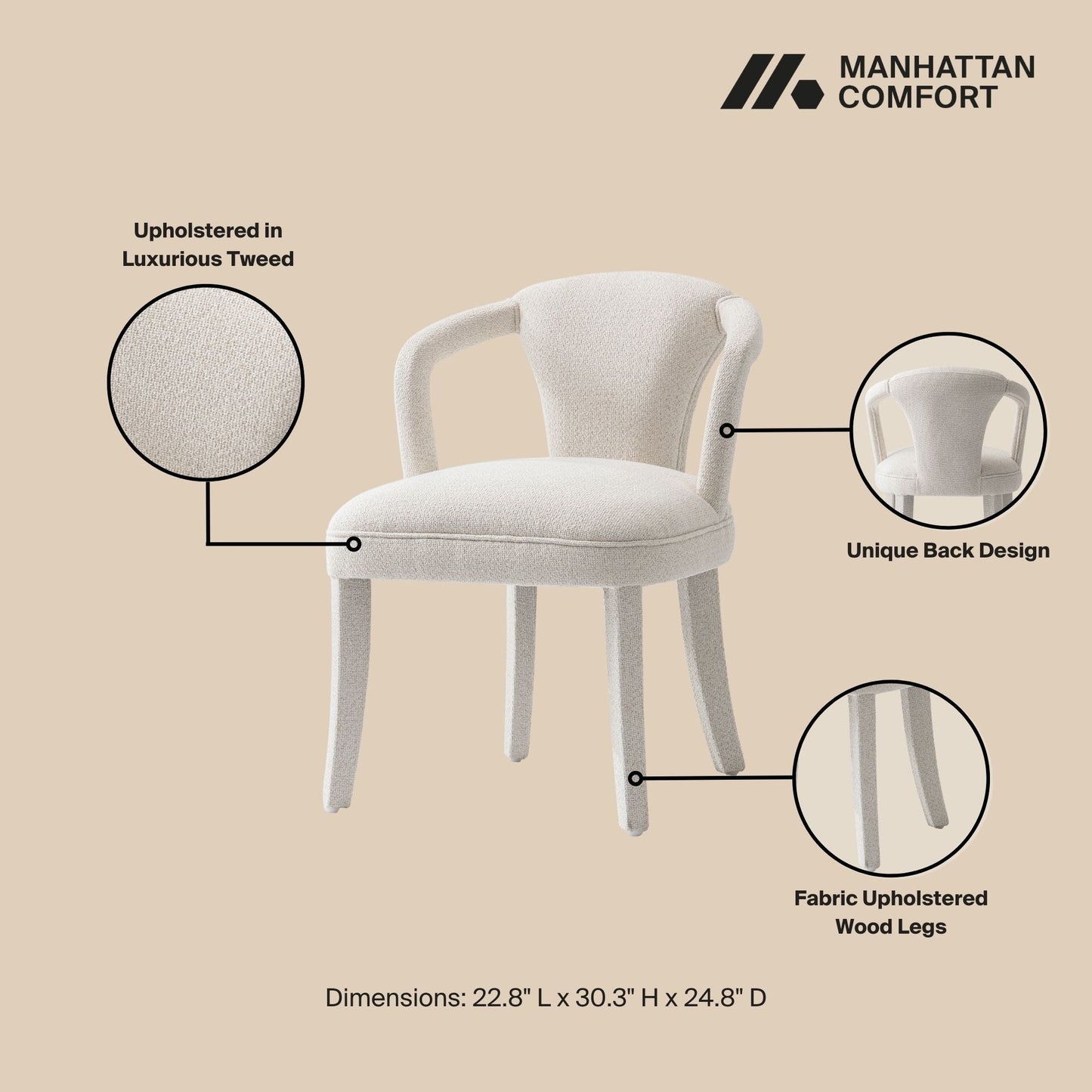 Manhattan Comfort Ivory Modern Palmer Tweed Dining Armchair In A Set Of 2