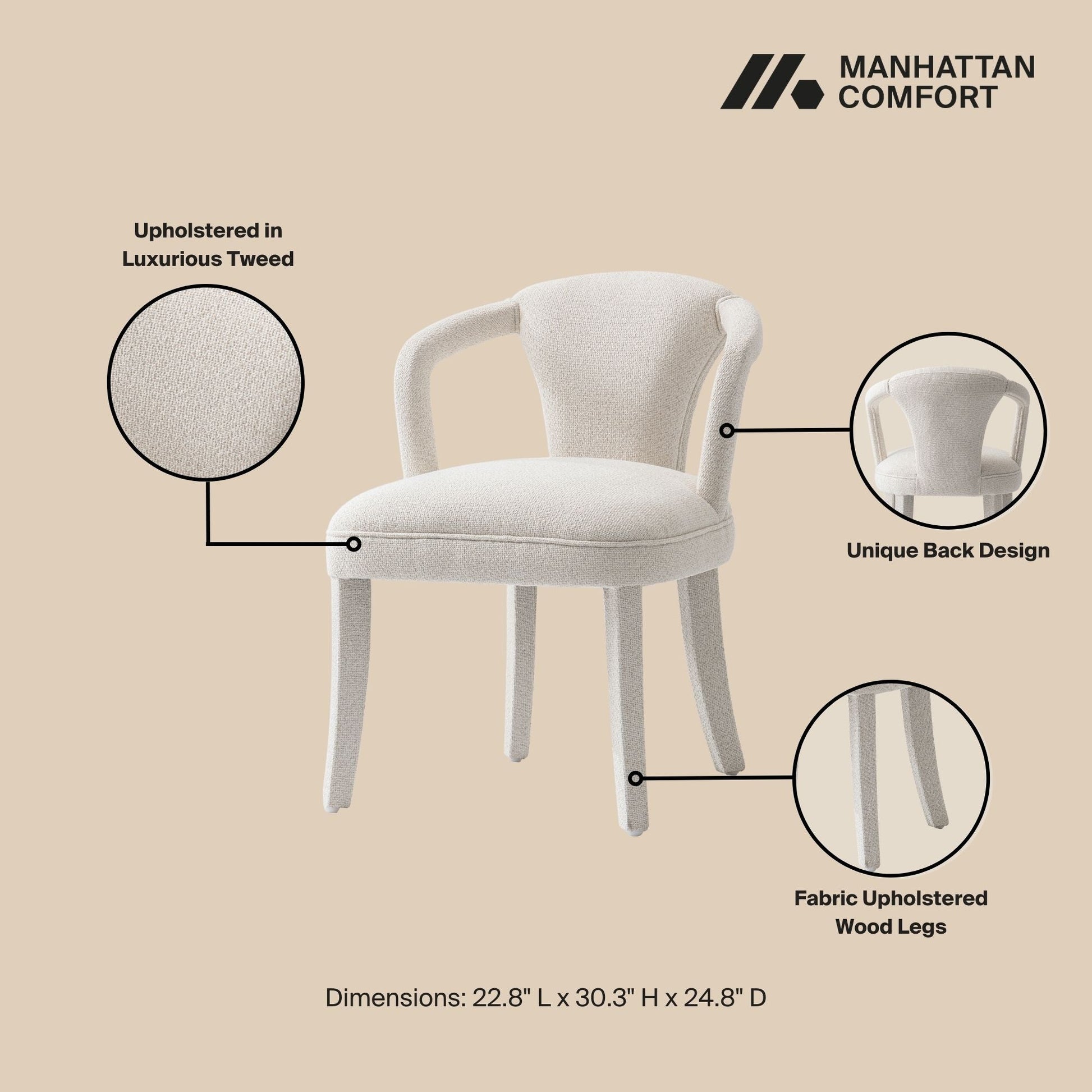 Manhattan Comfort Ivory Modern Palmer Tweed Dining Armchair In A Set Of 2