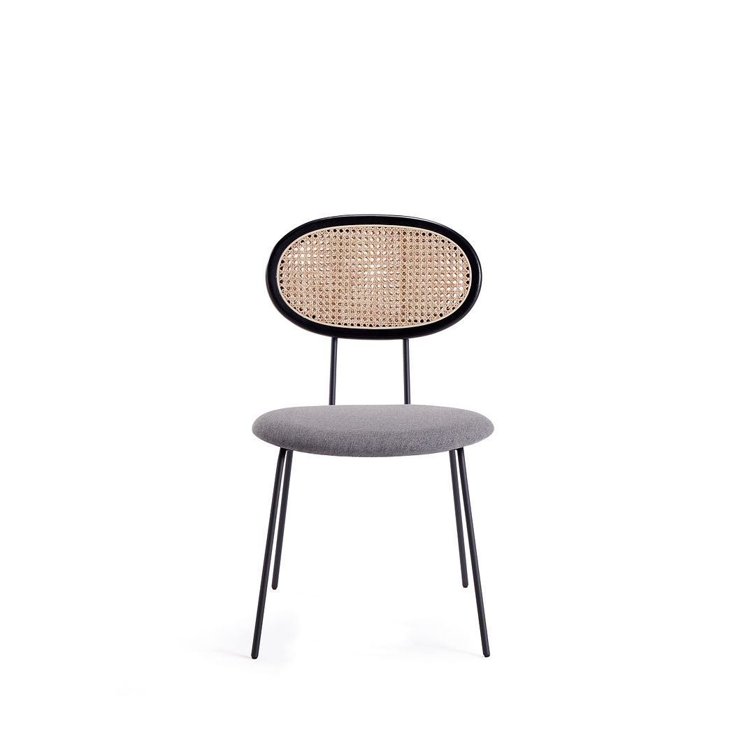 Manhattan Comfort Jardin Black With Cane & Gray Upholstered Dining Chairs In A Set Of 2