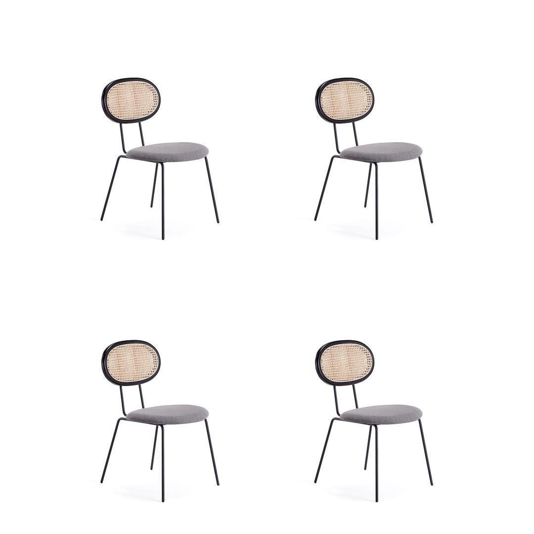 Manhattan Comfort Jardin Black With Cane & Gray Upholstered Dining Chairs In A Set Of 4