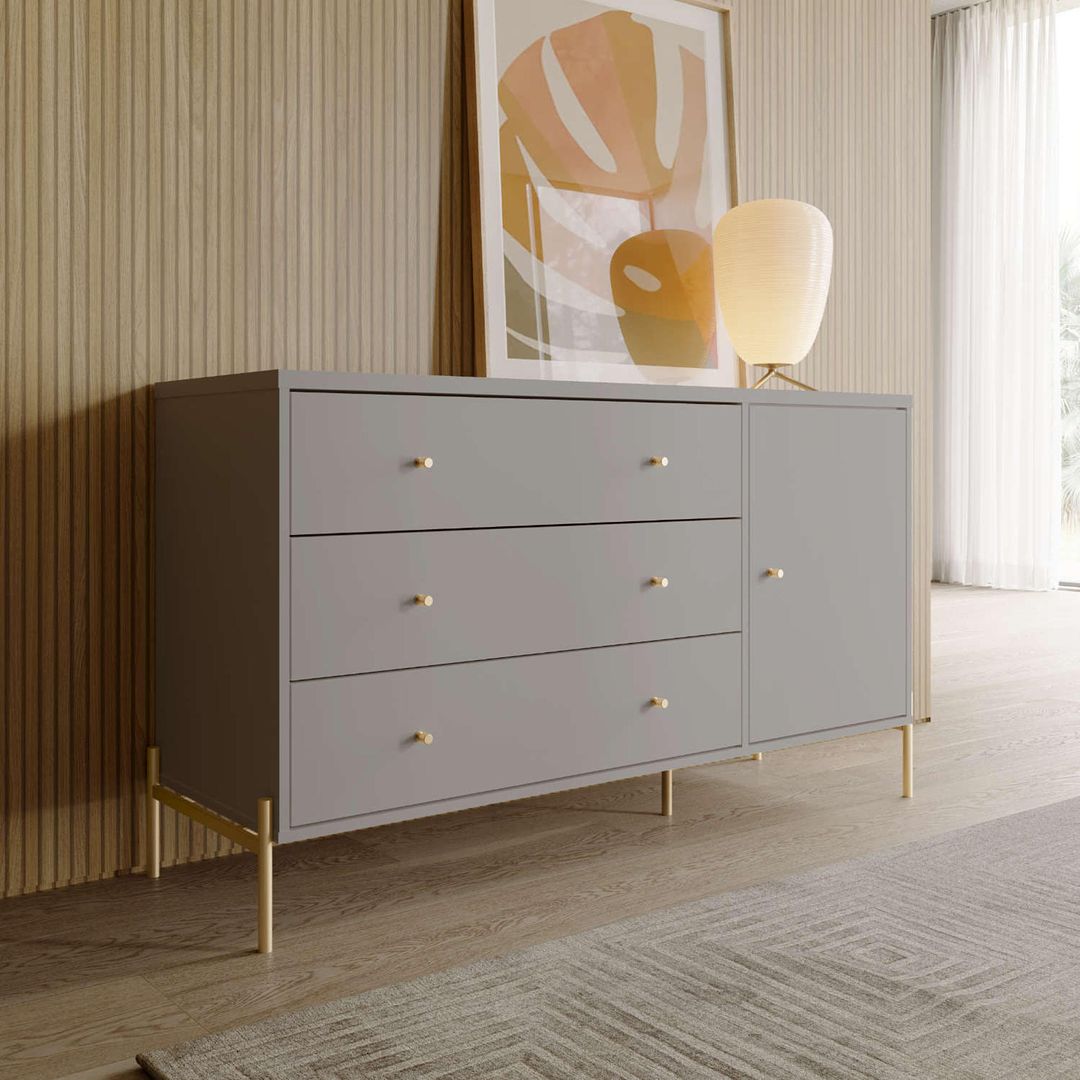 Manhattan Comfort Jasper 55" Gloss Gray Dresser With Steel Gold Legs