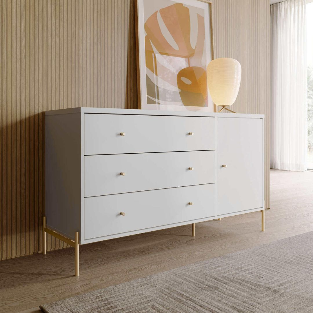 Manhattan Comfort Jasper 55" Gloss White Dresser With Steel Gold Legs