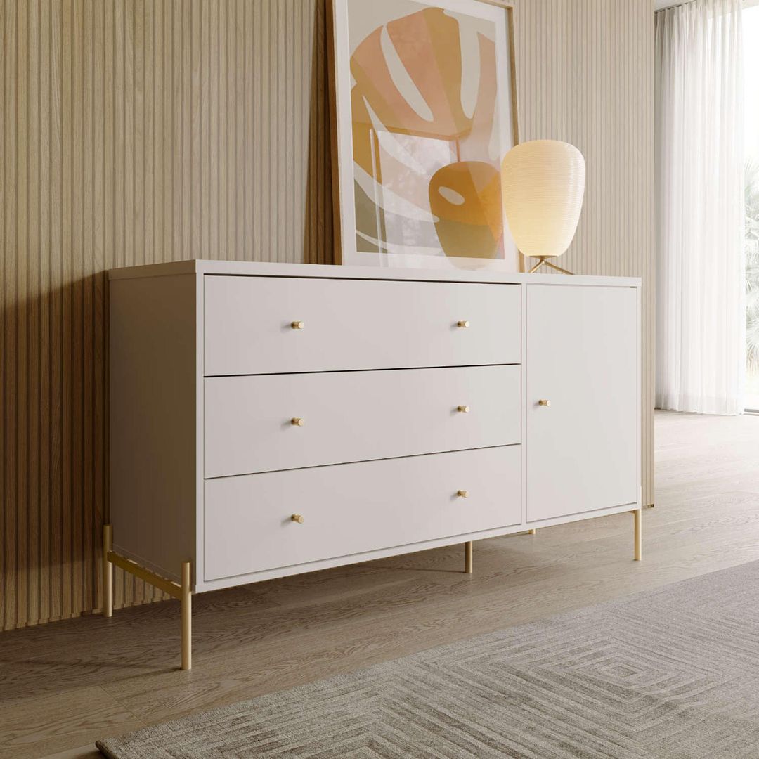 Manhattan Comfort Jasper 55" Matte Off White Dresser With Steel Gold Legs