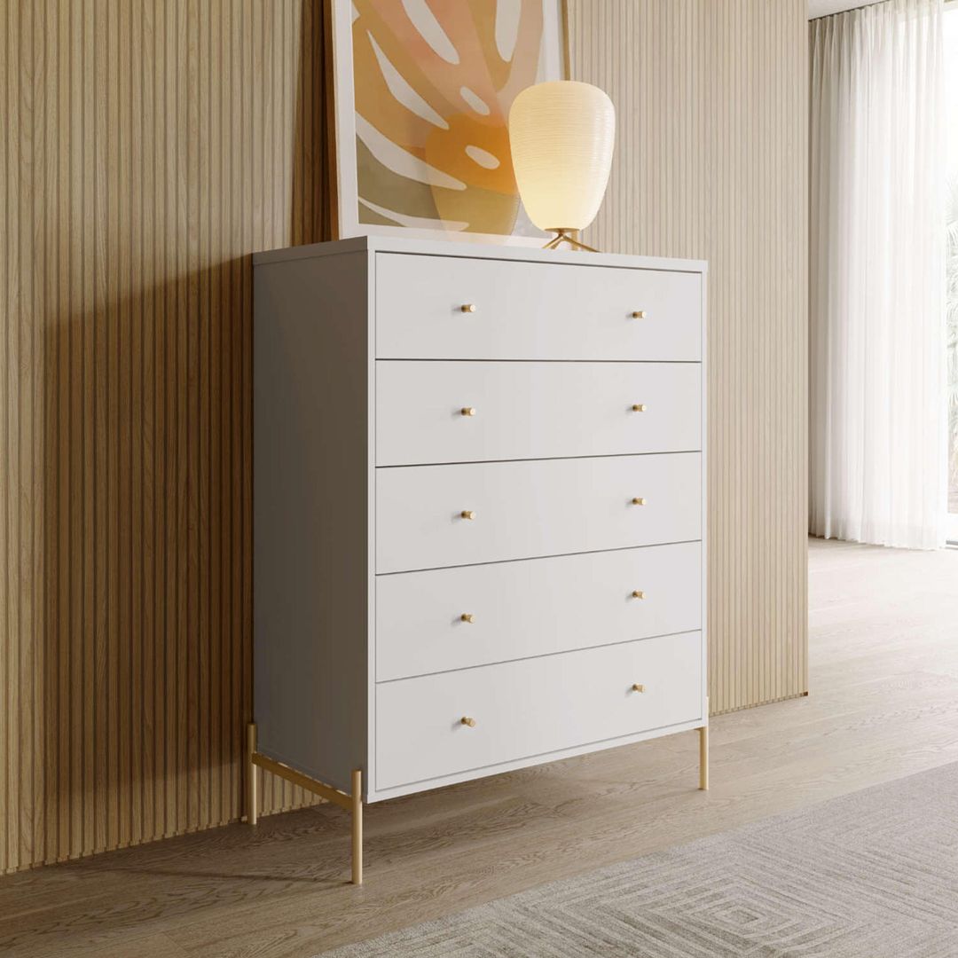 Manhattan Comfort Jasper 5.0 Gloss White Dresser With Gold Steel Legs