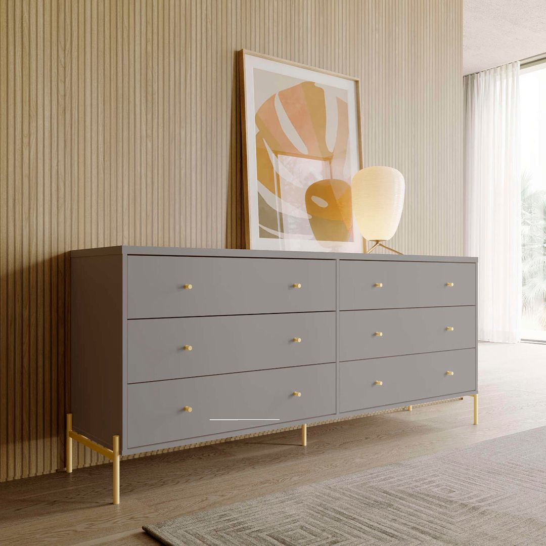 Manhattan Comfort Jasper 72" Gloss Gray Double Dresser With Steel Gold Legs