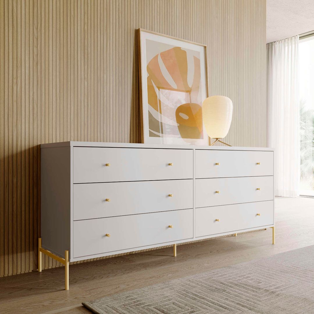 Manhattan Comfort Jasper 72" Gloss White Double Dresser With Steel Gold Legs