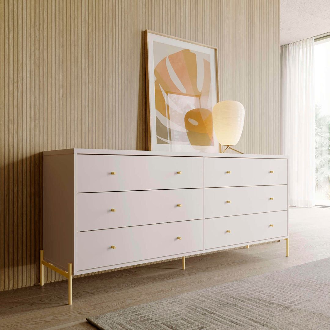 Manhattan Comfort Jasper 72" Matte Off White Double Dresser With Steel Gold Legs