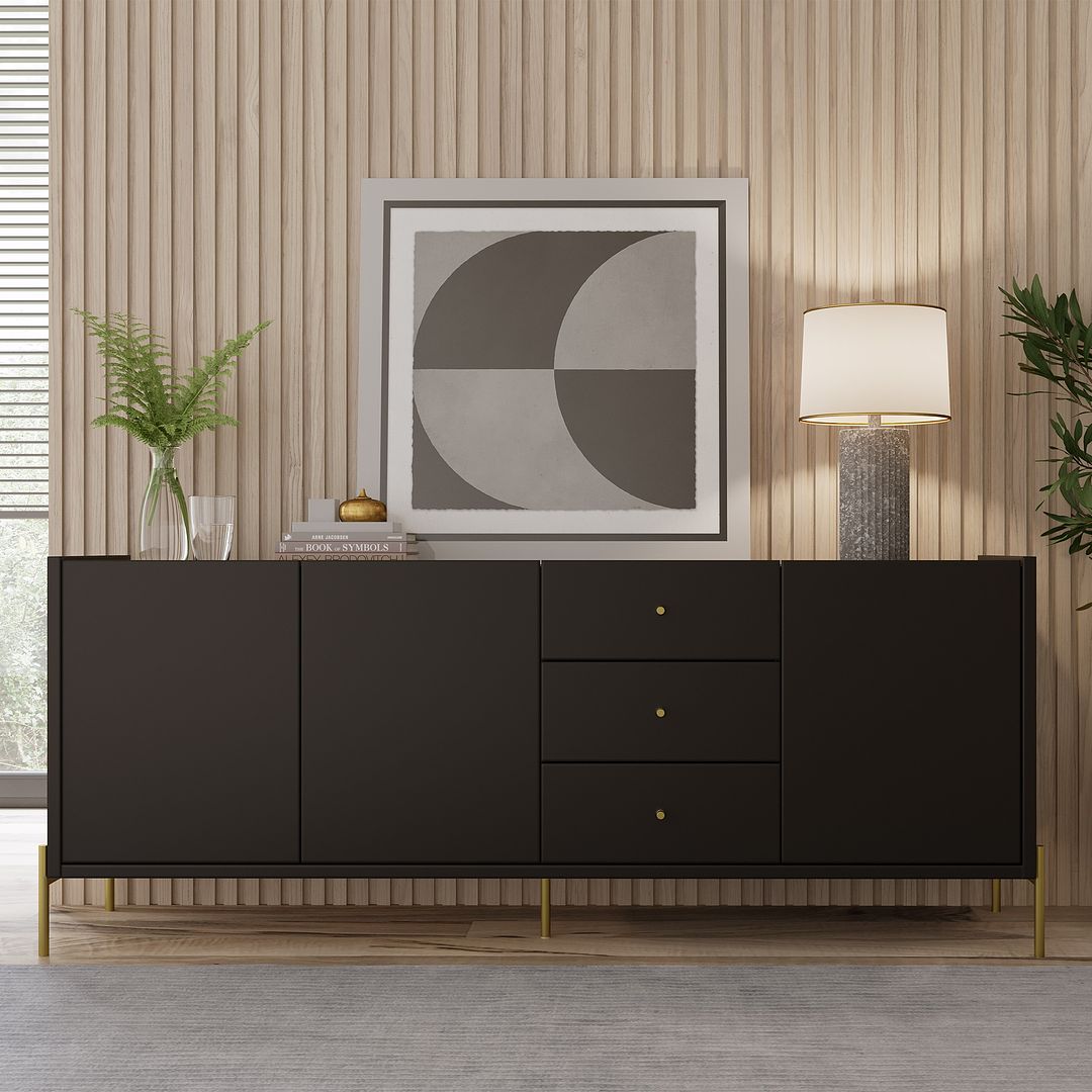 Manhattan Comfort Jasper 73" Black Pro Touch Sideboard With Steel Gold Legs