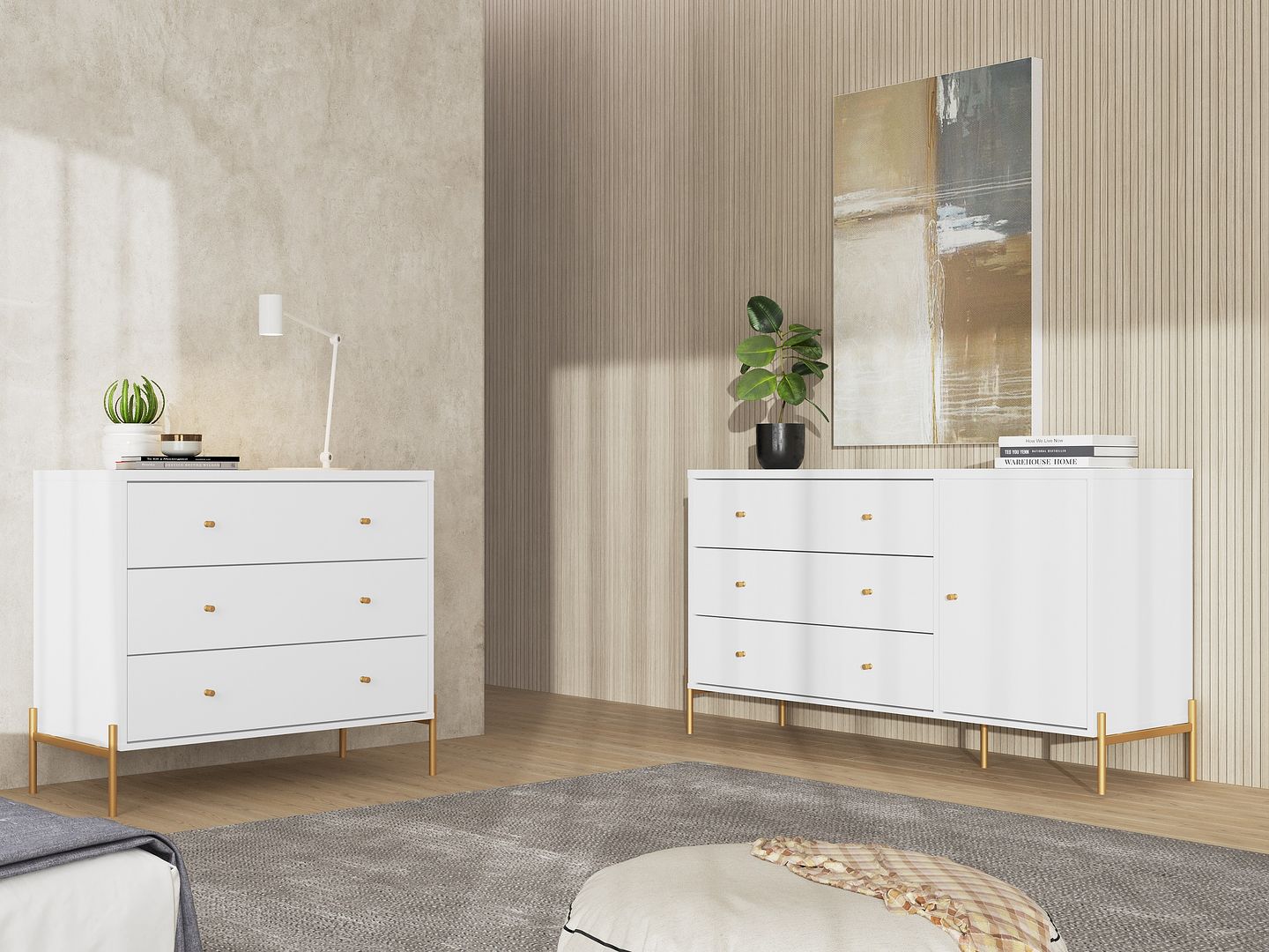 Manhattan Comfort Jasper Gloss White Sideboard & Classic Dresser Set of 2