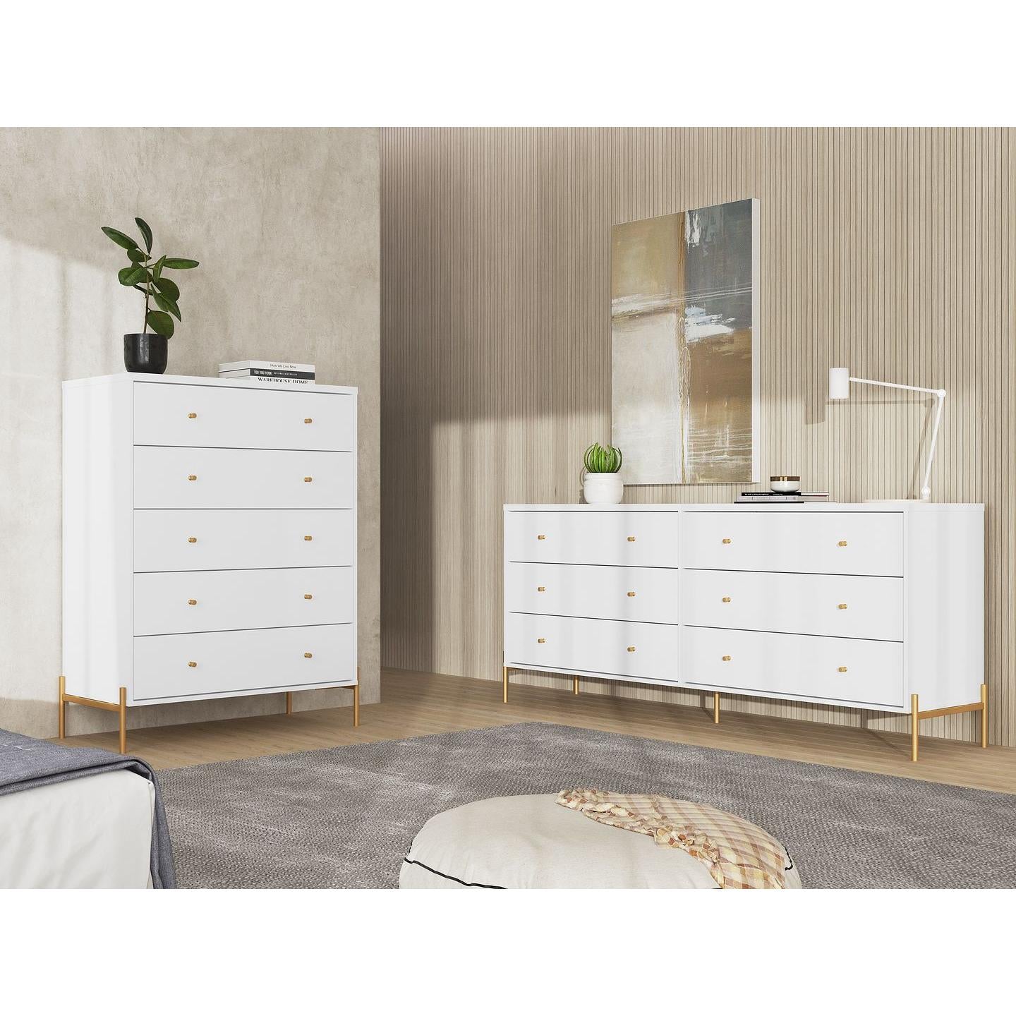 Manhattan Comfort Jasper Gloss White Tall & Double Wide Dresser Set Of 2